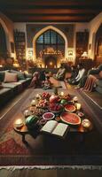 A cozy indoor setting highlighting the traditional elements of Yalda night. AI Generative photo