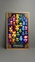 A poster showcasing a mosaic of diverse faces blending seamlessly, representing unity in diversity. The design is framed by golden decorative elements. AI Generative photo