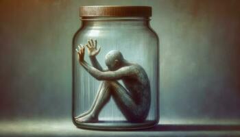 An artwork showcasing a figure trapped inside a glass jar, trying to reach out, representing the feeling of confinement and the weight of depression. AI Generative photo