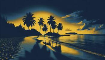 A scenic beach during sunset, with contrasts between deep blue for the sky and water and golden yellow for the sand and palm tree silhouettes. AI Generated photo