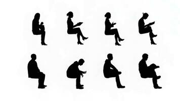 Motion Graphic Set of Silhouette People Sitting in Side View on White Background with Alpha channel video