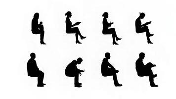 Motion Graphic Set of Silhouette People Sitting in Side View on White Background with Alpha channel video