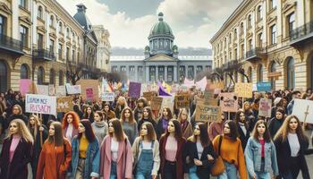 Capturing a peaceful march for women's rights on a city street, with women holding banners and placards, set against historic buildings. AI Generative photo