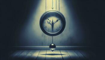 A pendulum clock in a dim room, symbolizing the stagnation and weight of depression, with contrasting shades emphasizing the depth of emotion and passage of time. AI Generated photo