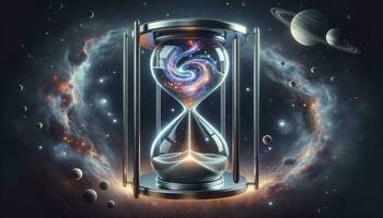 An illustration of a futuristic hourglass timer with a celestial theme, floating in a space-like environment. AI Generative photo