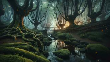 un brumoso bosque a crepúsculo con antiguo árboles, un de madera puente terminado un arroyo, y luciérnagas crear un mágico atmósfera. ai generativo foto