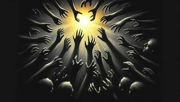 Hands extending from an enveloping charcoal darkness, stretching towards a radiant point of light in bright hopeful yellow, portraying the battle between despair and hope. AI Generated photo