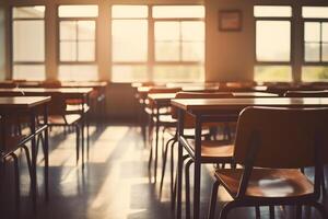 Empty classroom with chairs and tables in school, education and learning concept photo