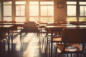 Empty classroom with chairs and tables in school, education and learning concept Ai Generated photo