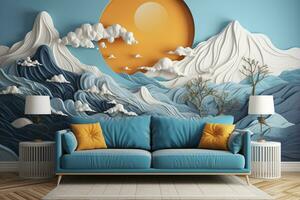 living room. moon cloud Paper craft style on Wall Ai Generated photo