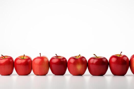 rojo manzanas en fila en blanco antecedentes con Copiar espacio para tu texto ai generado foto