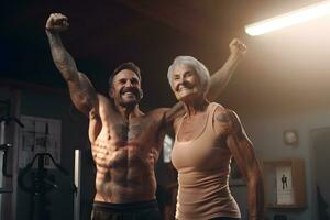 Athletic elderly man and woman in gym before workout photo