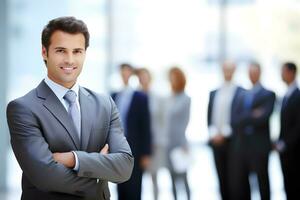 Handsome businessman with arms crossed and colleagues in the background. photo