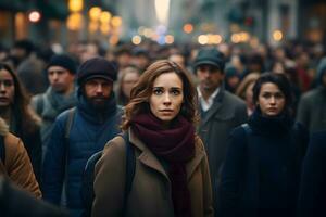Full of people with neutral facial expressions in city. photo