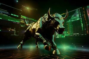 Bull with background of uptrend stock market. Concept of bullish market. AI generative photo