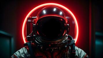 Spaceman or astronaut with circular ring shaped neon light. AI generative photo