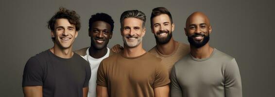 Diverse group of men standing together, multicultural male beauty, diversity concept. AI generative photo