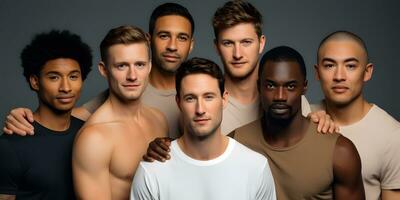 Diverse group of men standing together, multicultural male beauty, diversity concept. AI generative photo