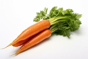 Fresh carrots with green leaves isolated on white background. Studio shot. Ai Generated photo