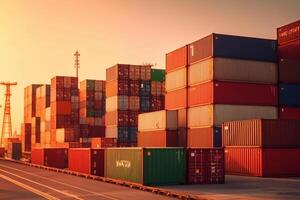 Containers in the port at night. 3d rendering image. photo