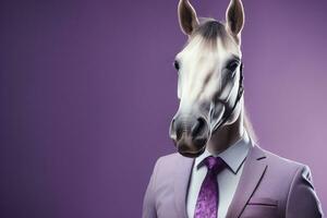 Portrait of a horse in businessman suit and tie on a isolated background. Ai Generated photo