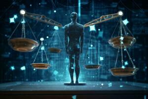 Law and justice concept with scales of justice and man figure 3D rendering Ai Generated photo