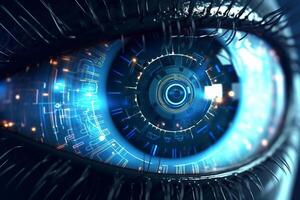Close up view of eye with digital interface. 3d rendering toned image photo