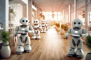 Group of robots in a modern classroom. 3d rendering toned image photo