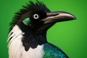 Magpie. Magpie head sideways close up. On a yellow green background. Black and white green plumage. Ornithology. Scientific research on birds. Scientific articles, magazines. AI generated photo