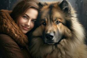 Friends dog and girl. Beautiful cute young woman, girl hugs large shaggy kind dog of Caucasian Shepherd breed. Girl smiles. Close up. Strong friendship between man and dog.  AI generated photo