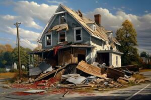 Abandoned dilapidated house. Partially destroyed house after a tornado. House in ruins and in rubble. A natural disaster. The storm and hurricane wrecked the house. AI generated photo