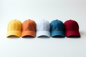 Colorful baseball caps on white background. Clipping path included. Ai Generated photo