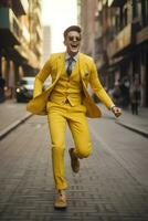 hombre con amarillo traje caminar alegre ai generativo foto