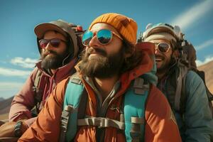 group of men wear colorful jacket and bag at mountain AI Generative photo