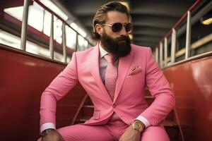 un hombre vestir rosado traje en rosado mundo ai generativo foto