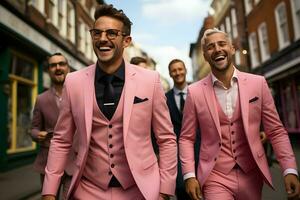 group of men walk around wearing pink suit AI Generative photo