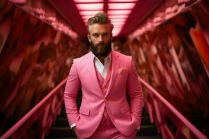 a man wear pink suit in pink world AI Generative photo