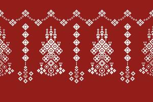 Ethnic geometric fabric pattern Cross Stitch.Ikat embroidery Ethnic oriental Pixel pattern red background. Abstract,vector,illustration. Texture,clothing,frame,decoration,motifs,silk wallpaper. vector