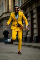 hombre con amarillo traje caminar alegre ai generativo foto