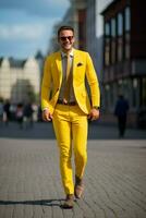 man with yellow suit walk joyful AI Generative photo
