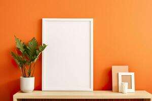 Blank picture vertical frame mockup on a warm orange color wall, boho style, modern, AI generated photo