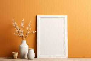 Blank picture vertical frame mockup on a warm orange color wall, boho style, modern, AI generated photo