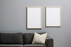 Blank picture vertical frame mockup on a stone white gray wall, boho style, minimalist AI generated photo