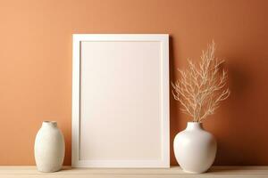 Blank picture vertical frame mockup on a warm orange color wall, boho style, modern, AI generated photo