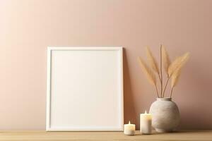 Blank picture vertical frame mockup on a warm orange color wall, boho style, modern, AI generated photo