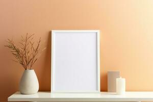 Blank picture vertical frame mockup on a warm orange color wall, boho style, modern, AI generated photo