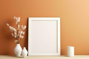 Blank picture vertical frame mockup on a warm orange color wall, boho style, modern, AI generated photo