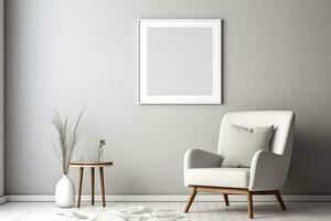 Blank picture vertical frame mockup on a stone white gray wall, boho style, minimalist AI generated photo
