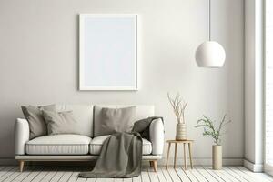 Blank picture vertical frame mockup on a stone white gray wall, boho style, minimalist AI generated photo