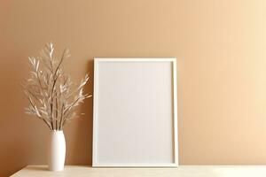 Blank picture vertical frame mockup on a warm orange color wall, boho style, modern, AI generated photo